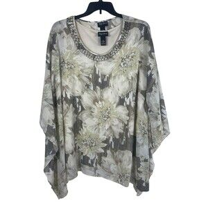 Maggie Barnes Blouse 3X Floral Sheer Overlay Poncho Tunic 2 In 1 Tank Top